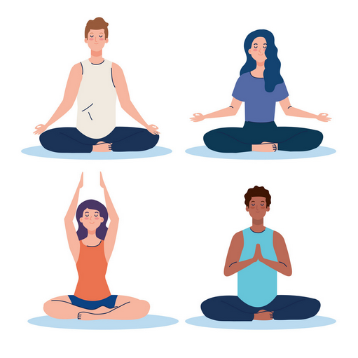 vier mensen zitten in kleermakerszit en doen yoga-oefeningen